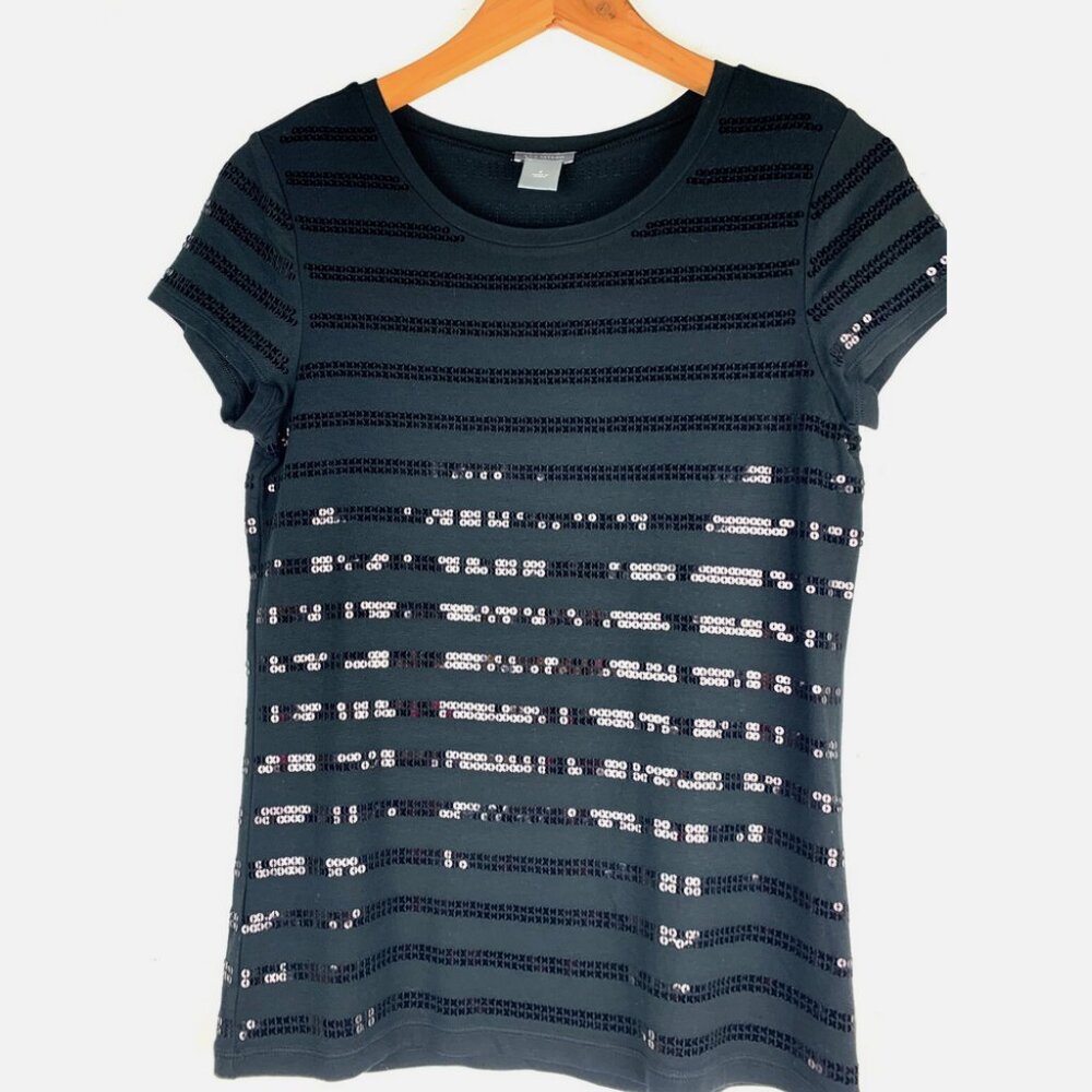 Black Sequined Stripe Cap Sleeve Tee/ Ann Taylor/ Sz-L/ Gr8 Condit/ Ships Fast!